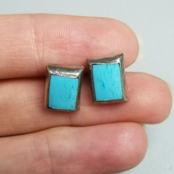 Vintage Sterling Silver and Blue Stud Earrings, Flush Set Rectangle Shape - Picture 9 of 9